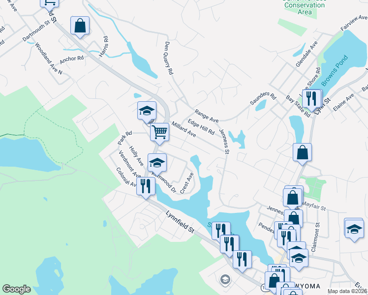 map of restaurants, bars, coffee shops, grocery stores, and more near 50 Sutcliffe Road in Lynn