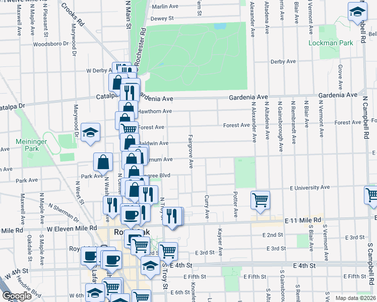map of restaurants, bars, coffee shops, grocery stores, and more near 320 Baldwin Avenue in Royal Oak
