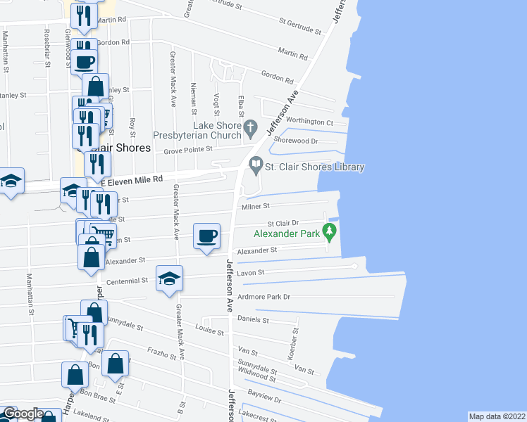 map of restaurants, bars, coffee shops, grocery stores, and more near 22442 Milner Street in St. Clair Shores