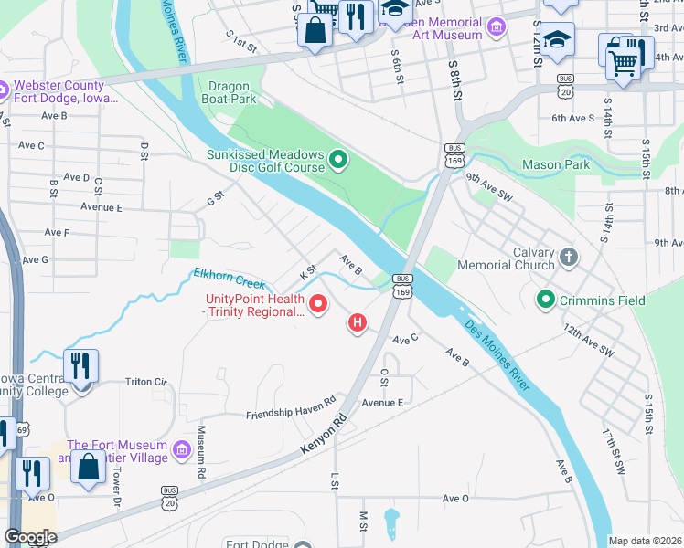 map of restaurants, bars, coffee shops, grocery stores, and more near 213 K Street in Fort Dodge
