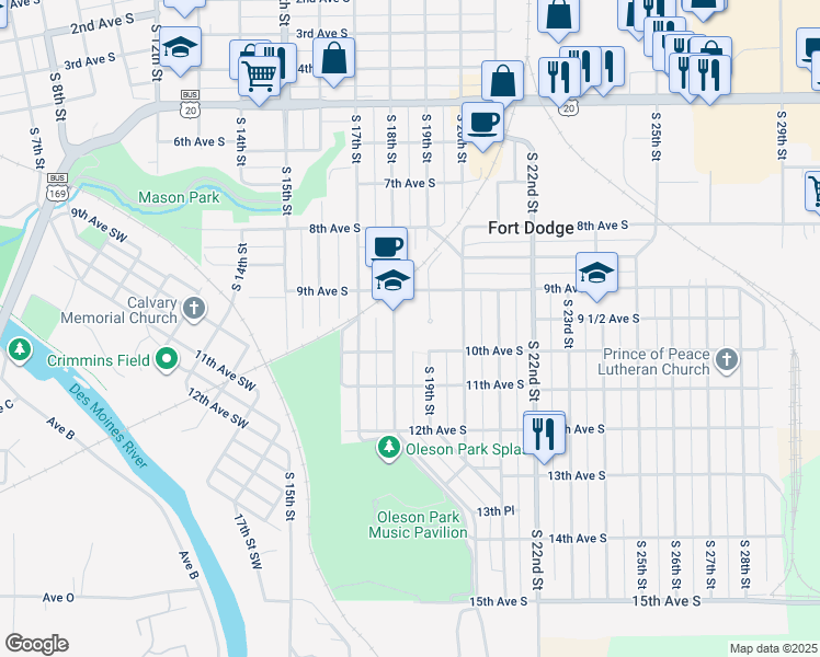 map of restaurants, bars, coffee shops, grocery stores, and more near 945 South 18th Street in Fort Dodge