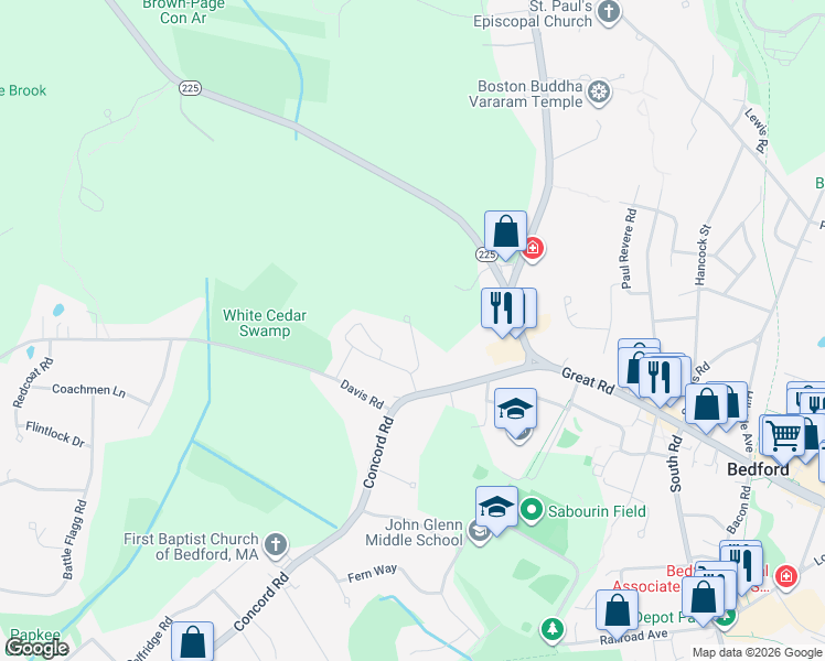 map of restaurants, bars, coffee shops, grocery stores, and more near Bay Circle in Bedford