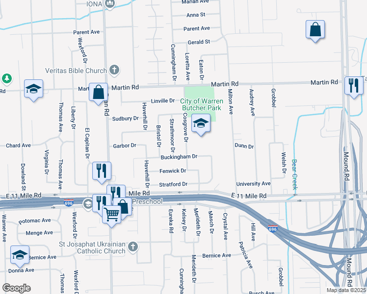 map of restaurants, bars, coffee shops, grocery stores, and more near 27478 Strathmoor Drive in Warren