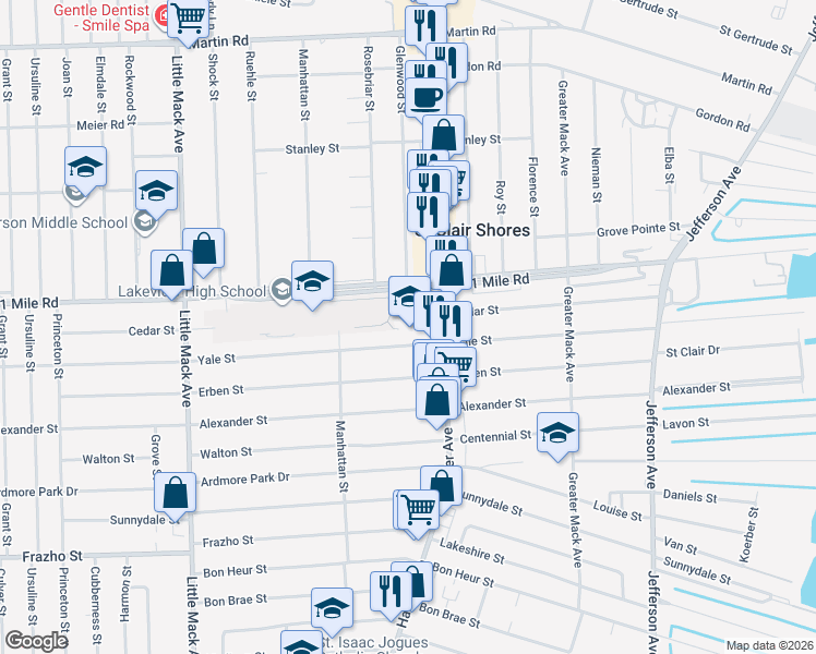 map of restaurants, bars, coffee shops, grocery stores, and more near 21400 East Eleven Mile Road in St. Clair Shores