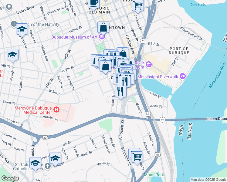 map of restaurants, bars, coffee shops, grocery stores, and more near 156 Bluff Street in Dubuque