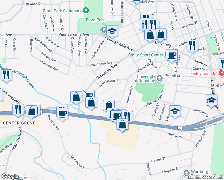 map of restaurants, bars, coffee shops, grocery stores, and more near 2655 Mineral Street in Dubuque