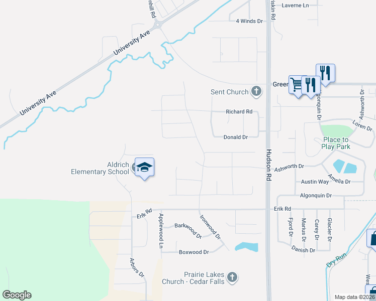 map of restaurants, bars, coffee shops, grocery stores, and more near 1999 Donald Dr in Cedar Falls