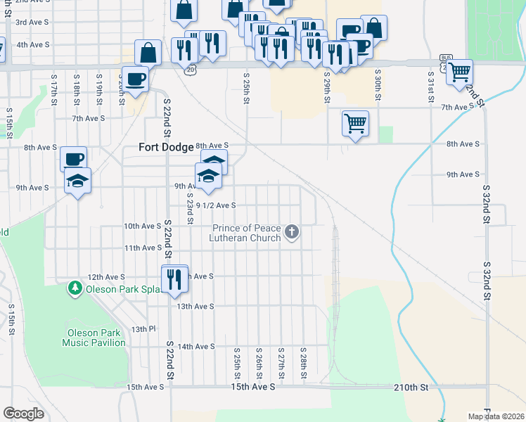 map of restaurants, bars, coffee shops, grocery stores, and more near 922 S 26th St in Fort Dodge