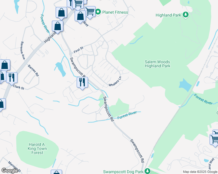 map of restaurants, bars, coffee shops, grocery stores, and more near 80 Whalers Lane in Salem