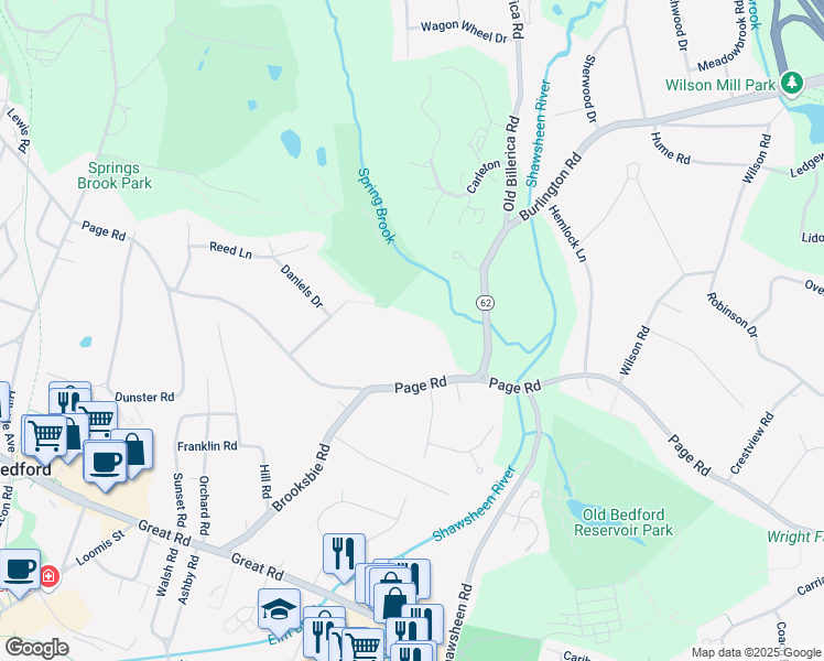 map of restaurants, bars, coffee shops, grocery stores, and more near 75 Page Road in Bedford