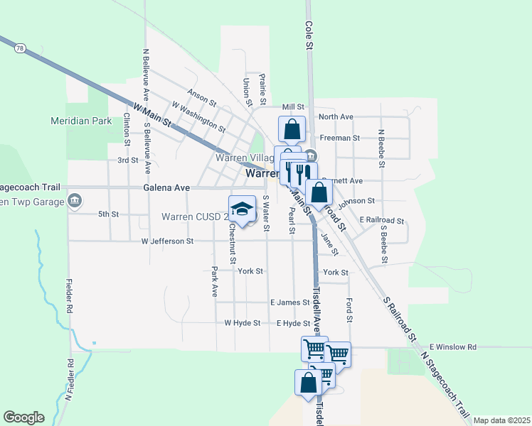 map of restaurants, bars, coffee shops, grocery stores, and more near 311 South Water Street in Warren