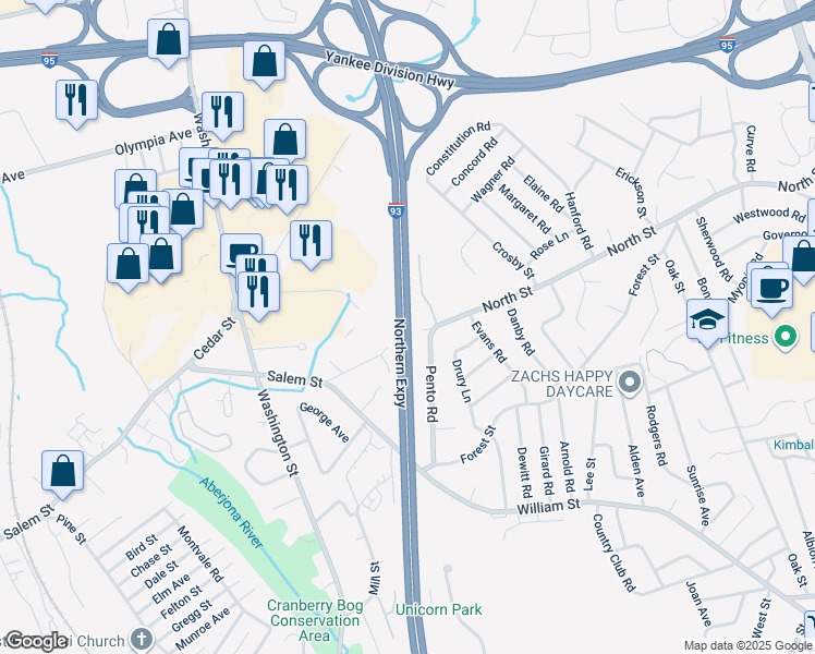 map of restaurants, bars, coffee shops, grocery stores, and more near Northern Expressway in Middlesex County