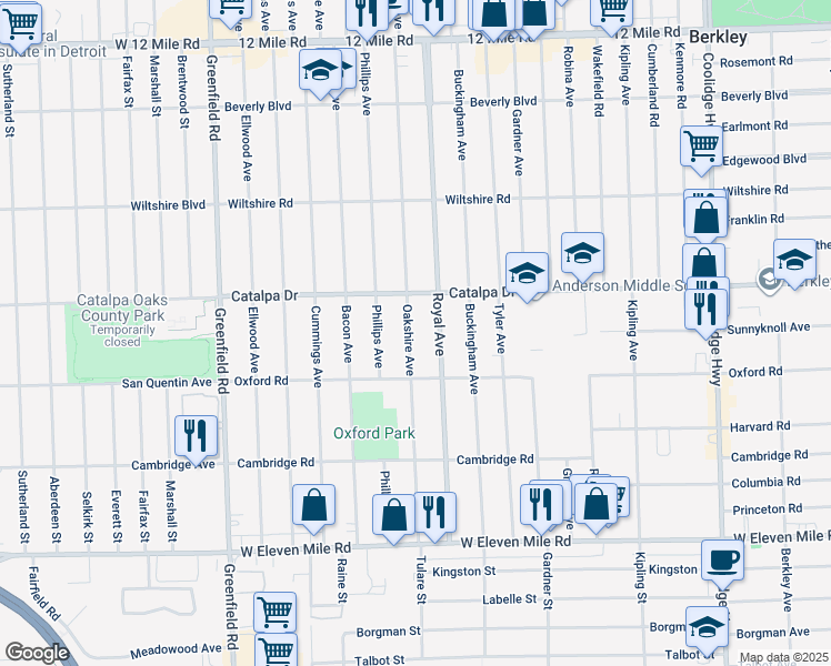 map of restaurants, bars, coffee shops, grocery stores, and more near 2481 Royal Avenue in Berkley