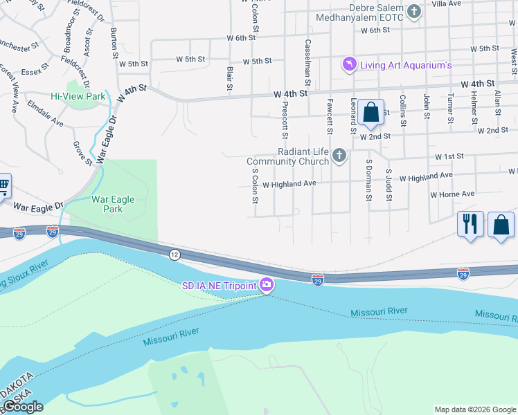 map of restaurants, bars, coffee shops, grocery stores, and more near 209 South Davidson Street in Sioux City