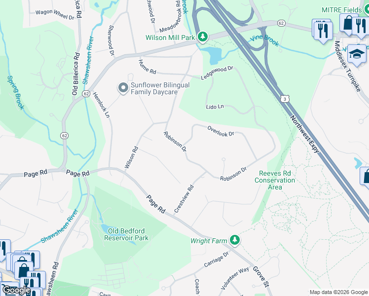map of restaurants, bars, coffee shops, grocery stores, and more near 10 Robinson Drive in Bedford