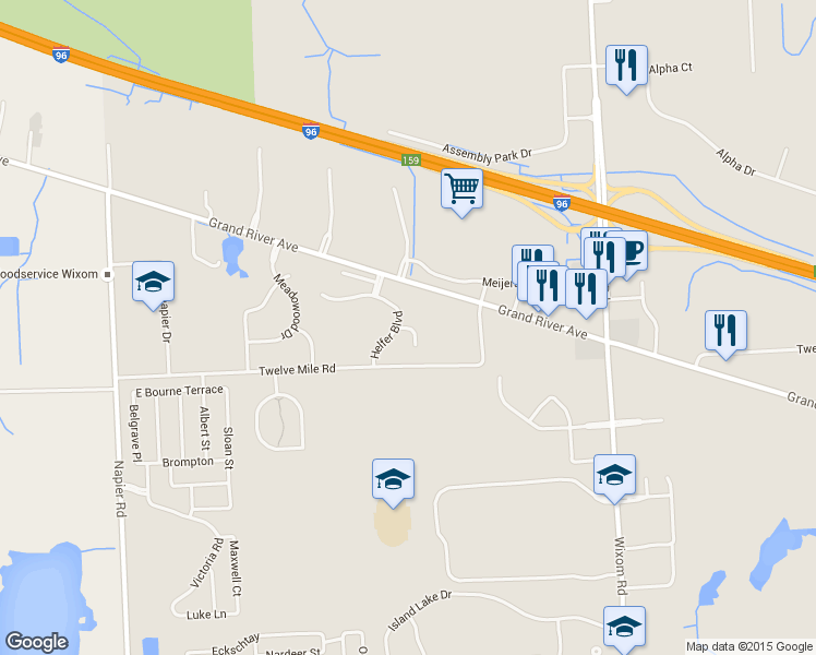 map of restaurants, bars, coffee shops, grocery stores, and more near 49910 Helfer Boulevard in Wixom