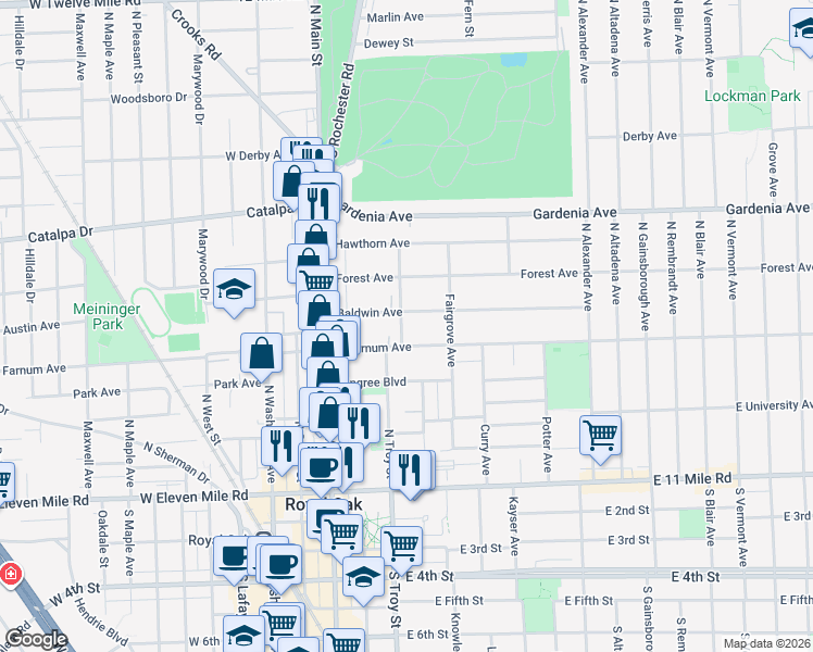 map of restaurants, bars, coffee shops, grocery stores, and more near 226 Baldwin Avenue in Royal Oak
