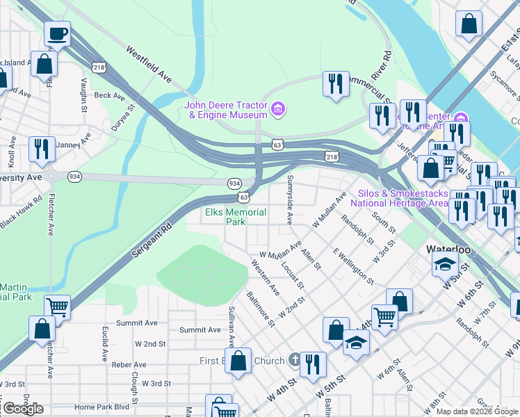 map of restaurants, bars, coffee shops, grocery stores, and more near 407 Randall Street in Waterloo