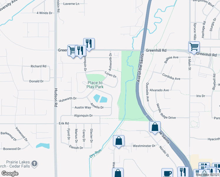 map of restaurants, bars, coffee shops, grocery stores, and more near 4902 Algonquin Drive in Cedar Falls