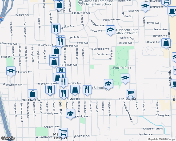 map of restaurants, bars, coffee shops, grocery stores, and more near 27445 Lorenz Street in Madison Heights