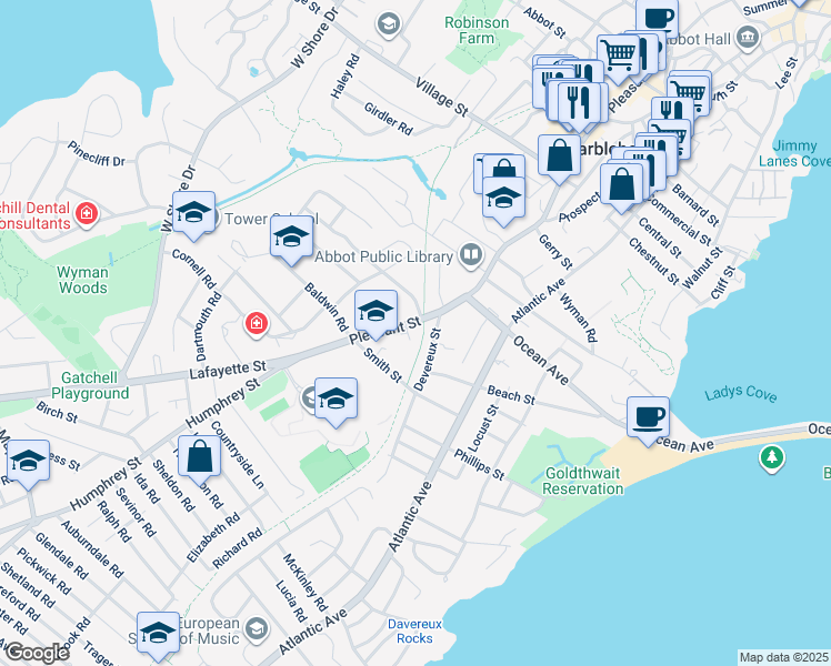 map of restaurants, bars, coffee shops, grocery stores, and more near 263 Pleasant Street in Marblehead