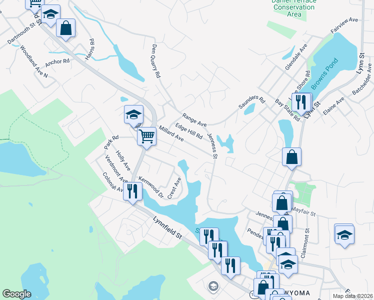 map of restaurants, bars, coffee shops, grocery stores, and more near 86 Millard Avenue in Lynn