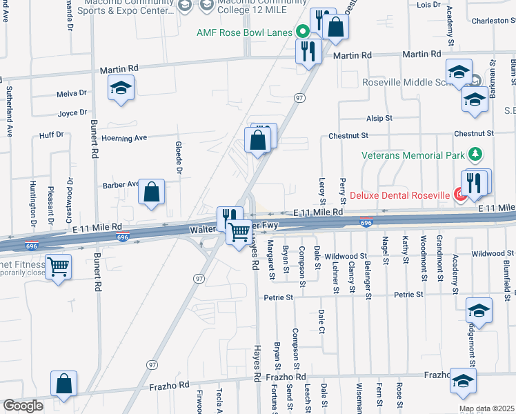 map of restaurants, bars, coffee shops, grocery stores, and more near 11 East 8 Mile Road in Warren