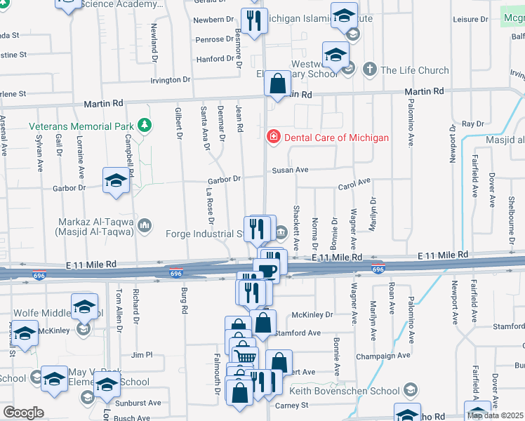 map of restaurants, bars, coffee shops, grocery stores, and more near 27259 Hoover Road in Warren
