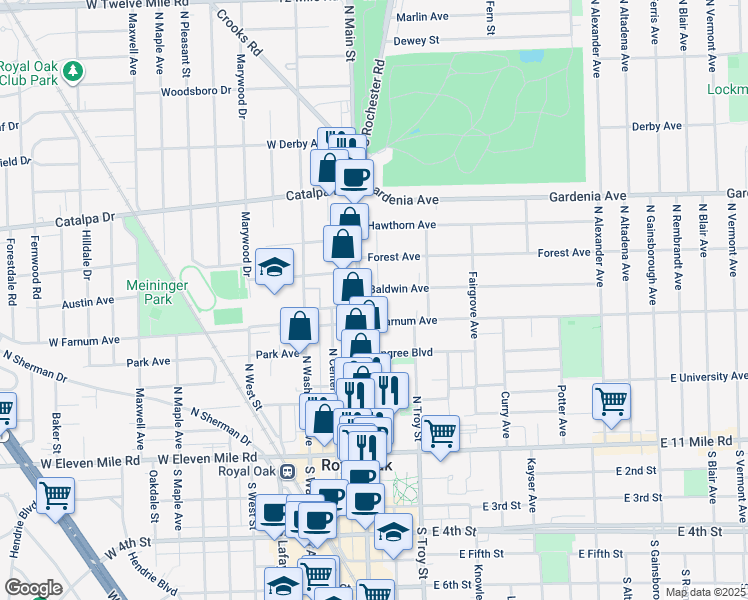 map of restaurants, bars, coffee shops, grocery stores, and more near 120 Baldwin Avenue in Royal Oak