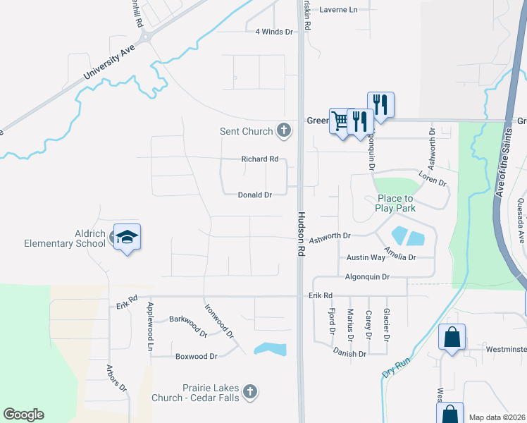 map of restaurants, bars, coffee shops, grocery stores, and more near 1818 Donald Drive in Cedar Falls