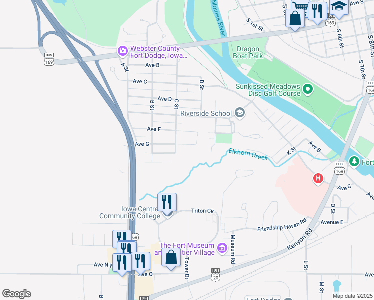 map of restaurants, bars, coffee shops, grocery stores, and more near 301-399 Avenue G in Fort Dodge