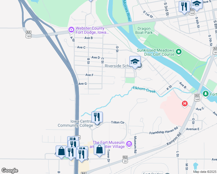 map of restaurants, bars, coffee shops, grocery stores, and more near 301-399 Avenue G in Fort Dodge