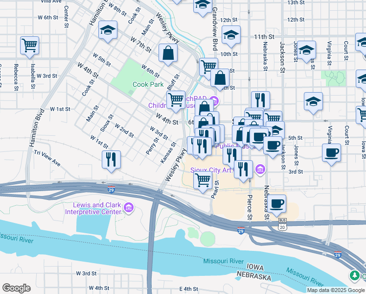 map of restaurants, bars, coffee shops, grocery stores, and more near 321 Wesley Way in Sioux City