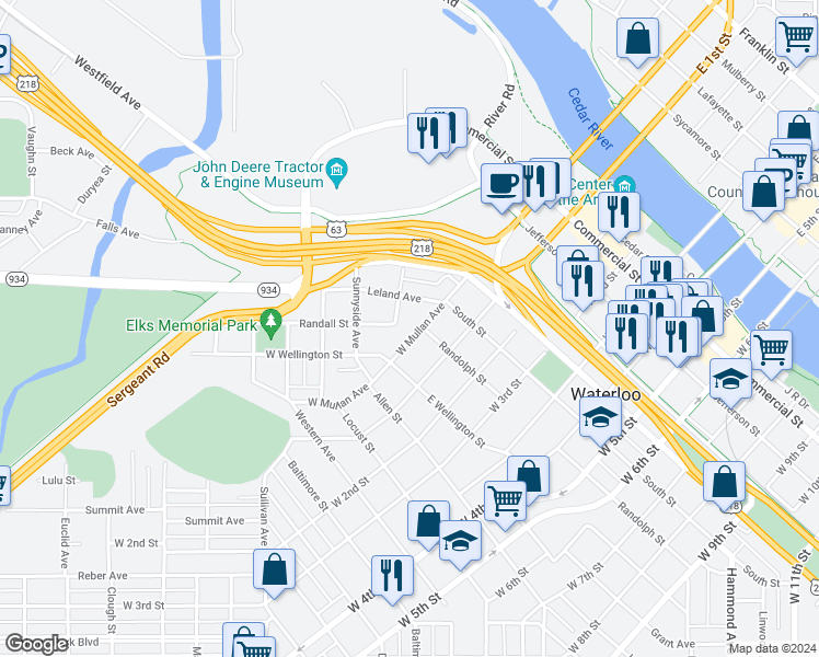 map of restaurants, bars, coffee shops, grocery stores, and more near 702 West Mullan Avenue in Waterloo