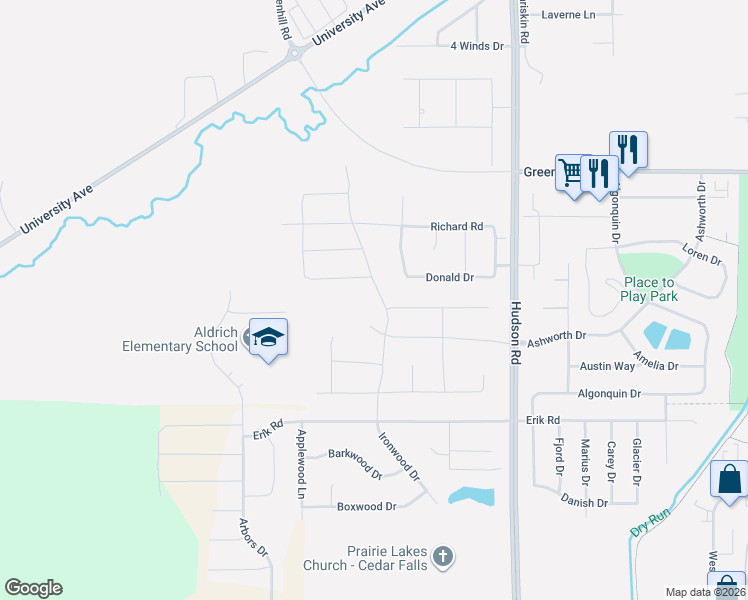 map of restaurants, bars, coffee shops, grocery stores, and more near 1999 Donald Dr in Cedar Falls
