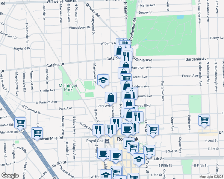 map of restaurants, bars, coffee shops, grocery stores, and more near 712 N Washington Ave in Royal Oak