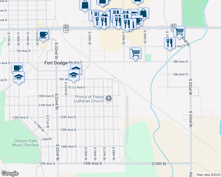 map of restaurants, bars, coffee shops, grocery stores, and more near 925 South 28th Street in Fort Dodge