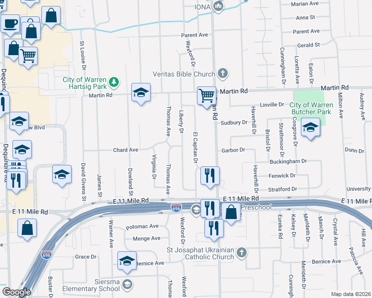 map of restaurants, bars, coffee shops, grocery stores, and more near 27514 Liberty Drive in Warren
