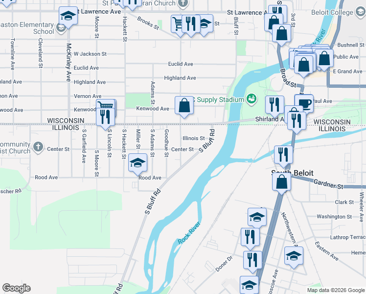 map of restaurants, bars, coffee shops, grocery stores, and more near 534 Illinois Street in South Beloit