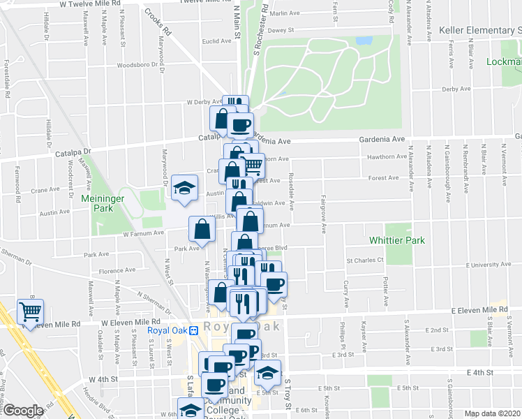 map of restaurants, bars, coffee shops, grocery stores, and more near 120 Baldwin Avenue in Royal Oak