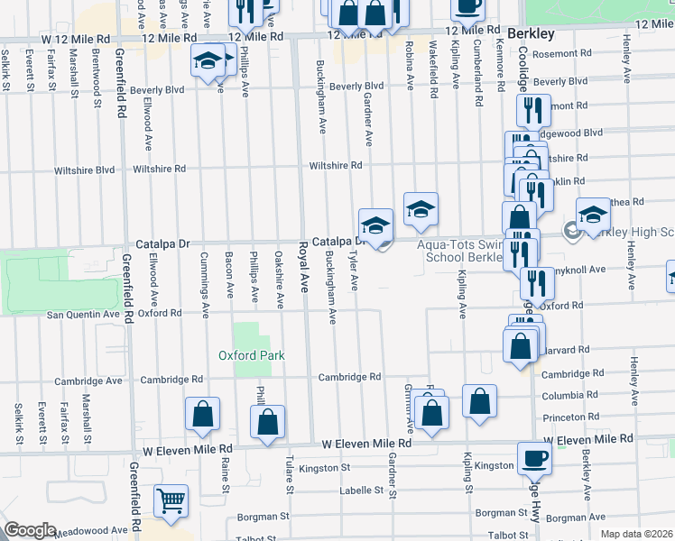 map of restaurants, bars, coffee shops, grocery stores, and more near 2460 Buckingham Avenue in Berkley