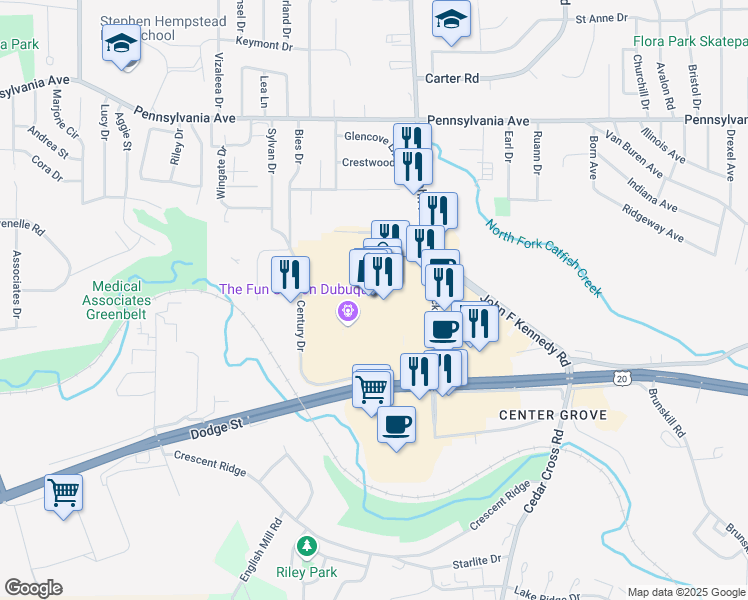 map of restaurants, bars, coffee shops, grocery stores, and more near 555 John F Kennedy Road in Dubuque