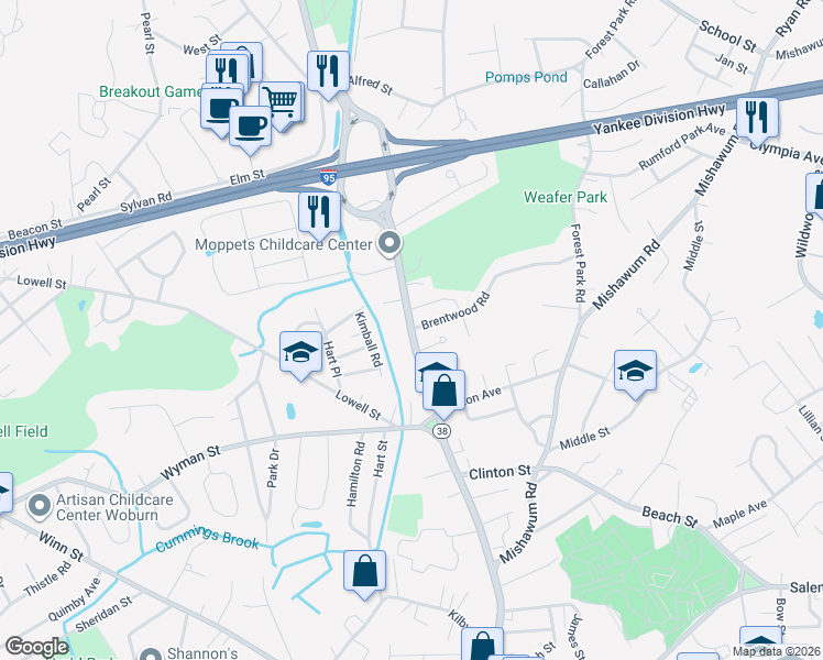map of restaurants, bars, coffee shops, grocery stores, and more near 715 Main Street in Woburn