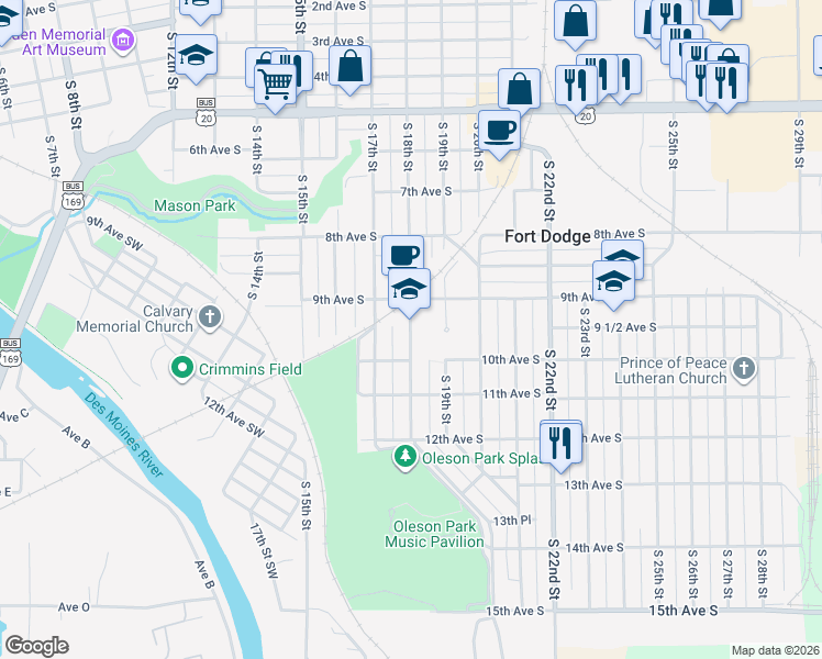 map of restaurants, bars, coffee shops, grocery stores, and more near 945 South 18th Street in Fort Dodge
