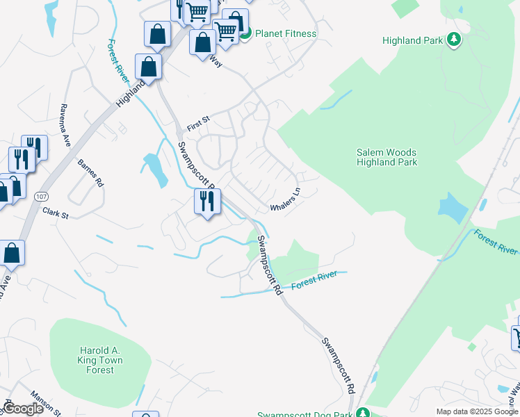 map of restaurants, bars, coffee shops, grocery stores, and more near 20 Brittania Circle in Salem