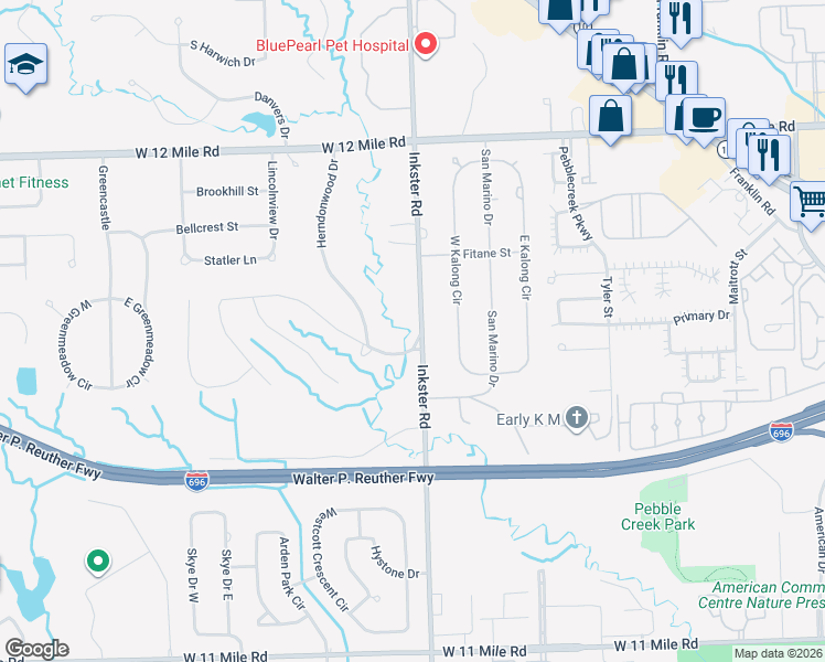 map of restaurants, bars, coffee shops, grocery stores, and more near 28350 Inkster Road in Southfield