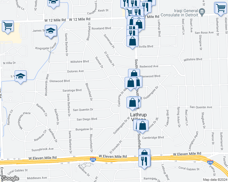 map of restaurants, bars, coffee shops, grocery stores, and more near 18421 Saratoga Boulevard in Lathrup Village