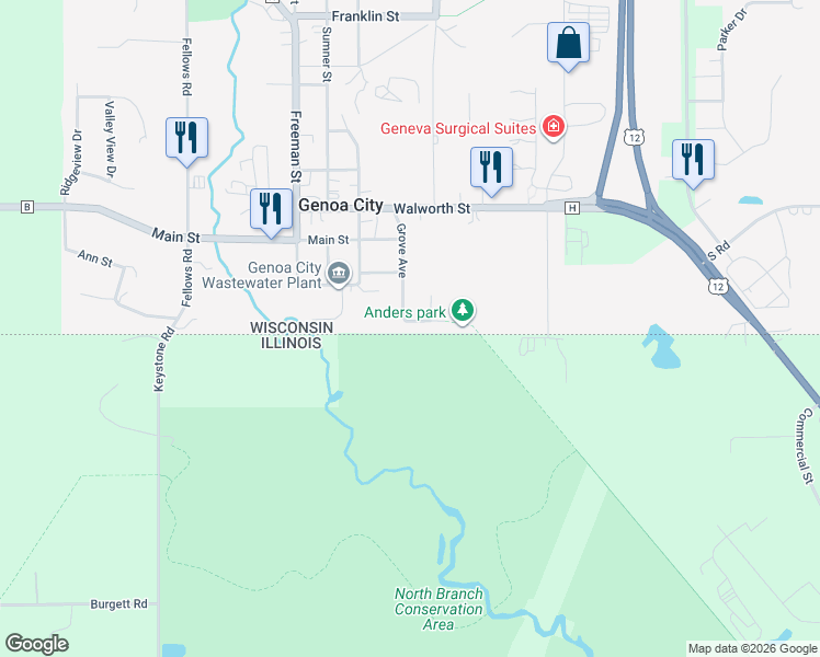 map of restaurants, bars, coffee shops, grocery stores, and more near 11 Grove Avenue in Genoa City