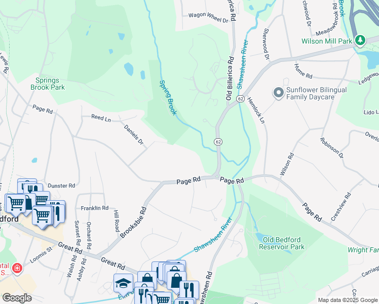map of restaurants, bars, coffee shops, grocery stores, and more near 75 Page Road in Bedford