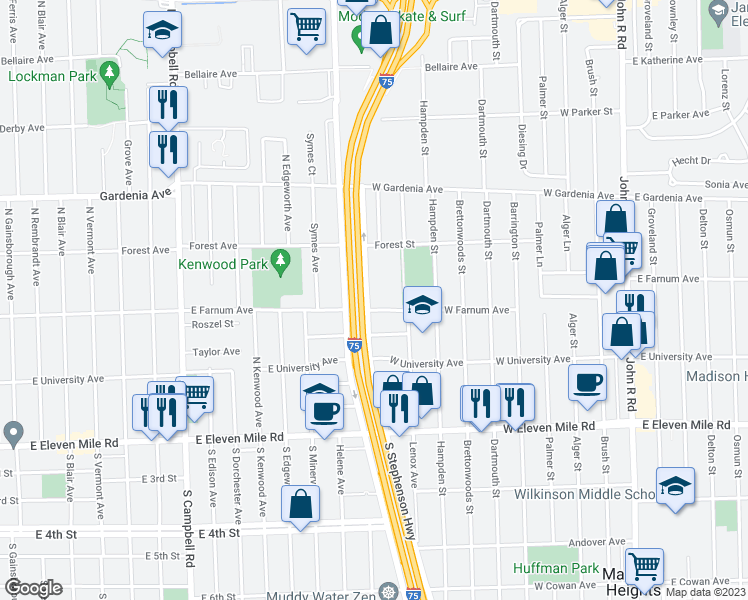 map of restaurants, bars, coffee shops, grocery stores, and more near 27620 North Stephenson Highway in Madison Heights